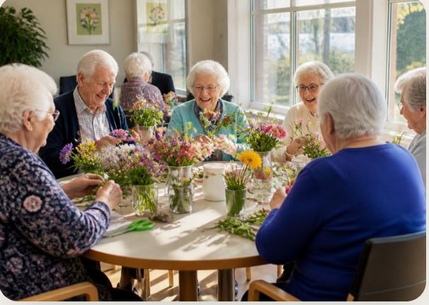 Residents arranging fresh flowers together around a sunlit table
