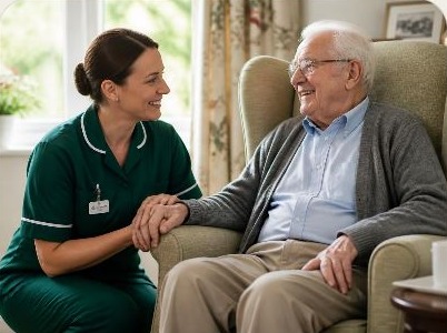 A nurse sitting with an older gentleman in an armchair, holding his hand
